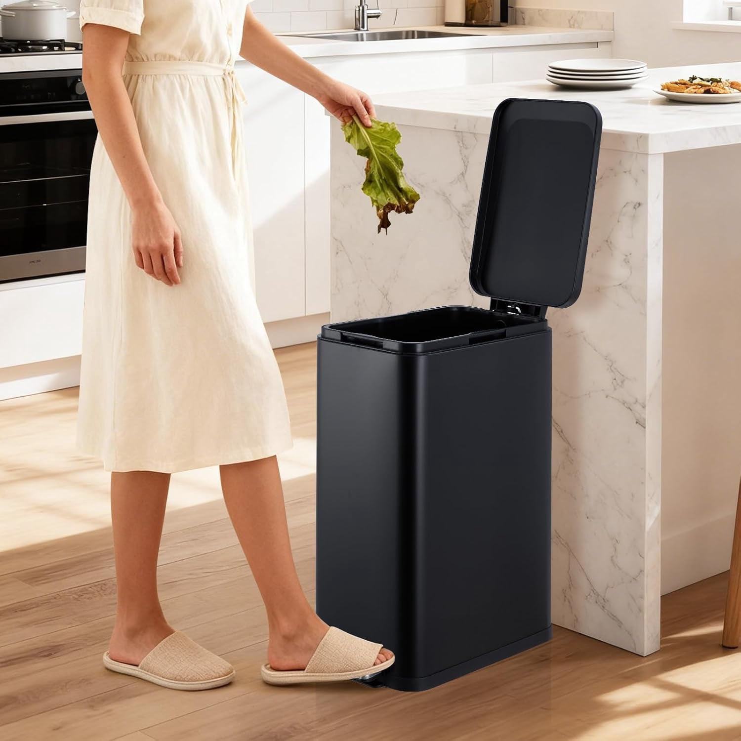 13 Gallon Kitchen Trash Can, Stainless Steel Step Garbage Bin with Soft-Close Lid & Removable Bucket, Fingerprint Proof, Slim for Narrow Spaces, Bathroom or Office (Black+Silver, 13 Gallon)