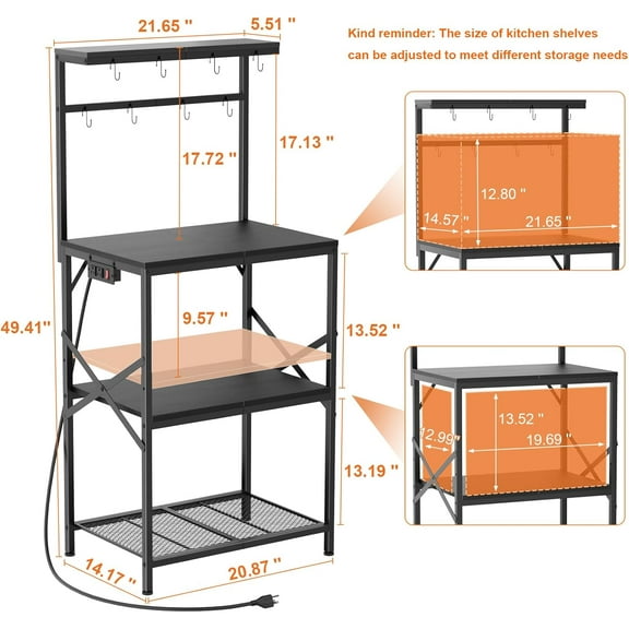 Kitchen Bakers Rack with Power Outlet, Coffee Bar Table 4 Tiers, Microwave Stand with 8 Hooks, Coffee Station and Organizer, Kitchen Storage Shelves Rack for Spices, Pots, Black