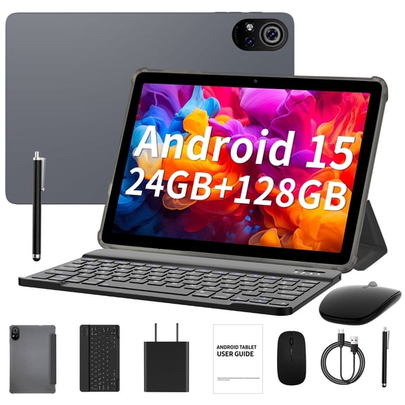 Android 15 10 Inch Tablet, 6GB RAM 128GB ROM, 5G Wi Fi Tablet with Keyboard, 1280x800 IPS Table Touchscreen, 8000mAh Battery, Adult Tablet,Gray