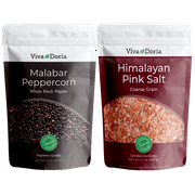 Viva Doria Malabar Peppercorn (Whole Black Pepper) 12 oz and Himalayan Pink Salt (Coarse Grain) 2 lb for Grinder Refills