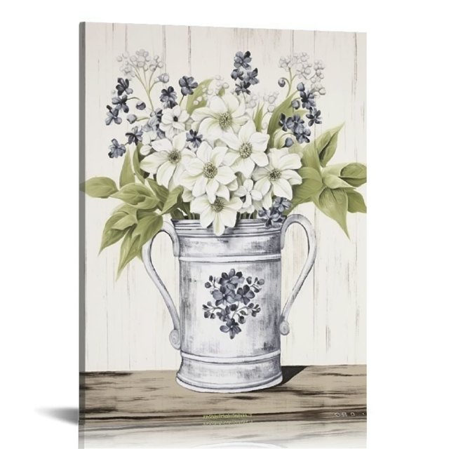 JEUXUS Arte de pared rústico con diseño floral, decoración de pared para baño, estilo campestre, póster de estilo rústico, impresiones en lienzo con flores blancas, arte de pared con flores en tarro,