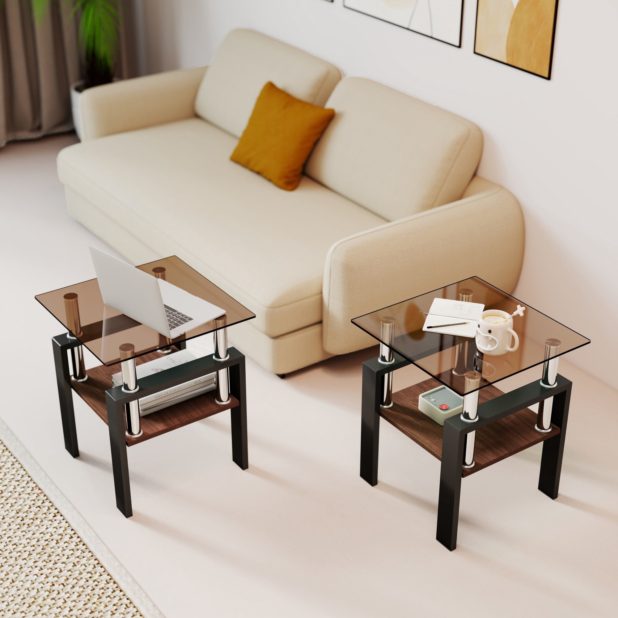 Euroco Set of 2 Modern Tempered Glass Tea Table ,Tempered Glass Tabletop with MDF Layer,Coffee Table,End Table, Square Table for Living Room, Brown/black