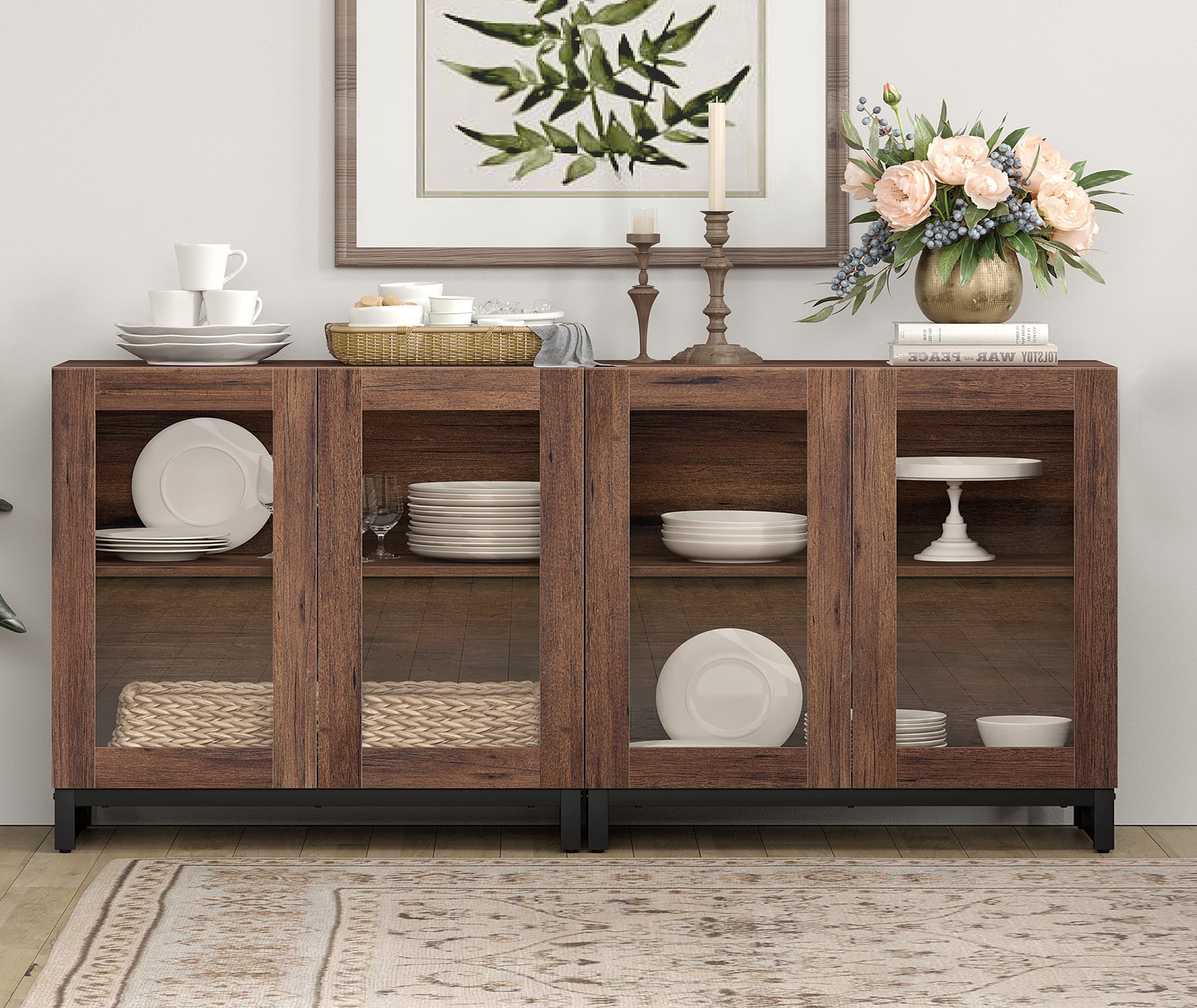 WAMPAT 2-in-1 Multifunctional Sideboard Buffet Cabinet with 4 Glass Doors and Adjustable Shelf Coffee Bar Storage Cabinet for Living Room Kitchen,Brown