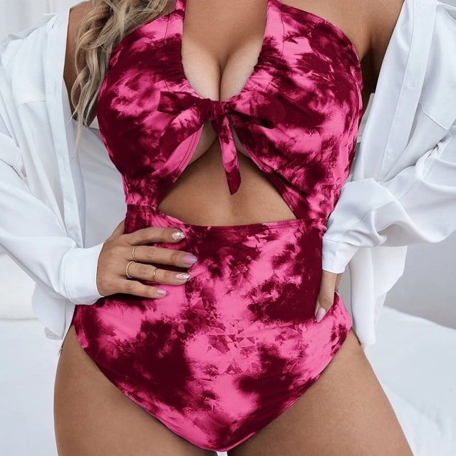 Daisyyozoid Discount One Piece Womens Swimsuit Ladies Fashion Plus Large Size Gradient Color Print Lacing Swimsuit