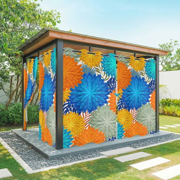 Dahlias Bloom Outdoor Curtains for Patio, Modern Exotic Minimalist Blue Yellow Orange Flowers Waterproof Outside Curtains Privacy Blackout Curtain for Porch Pergola Cabana, 1 Panel 54W x 108L Inch