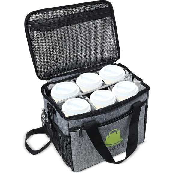 Drink Carrier with Handle - Insulated Coffee Cup Holder - Portable 6 Cup Carrier with  Strap for Delivery - Collapsible Drink  with Adjustable Dividers & Side Pockets