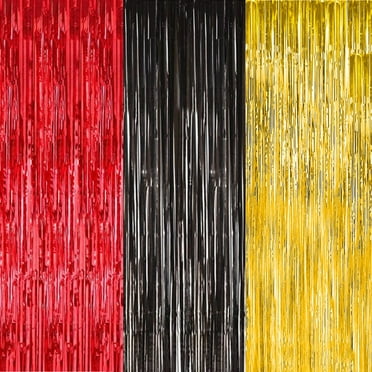 3 Pack of 3.28x6.56ft Red Black Gold Tinsel Fringe Backdrop Streamers Curtains Party Backdrop Decorations for Red Black Gold Party Photo Booth Prop Backdrop