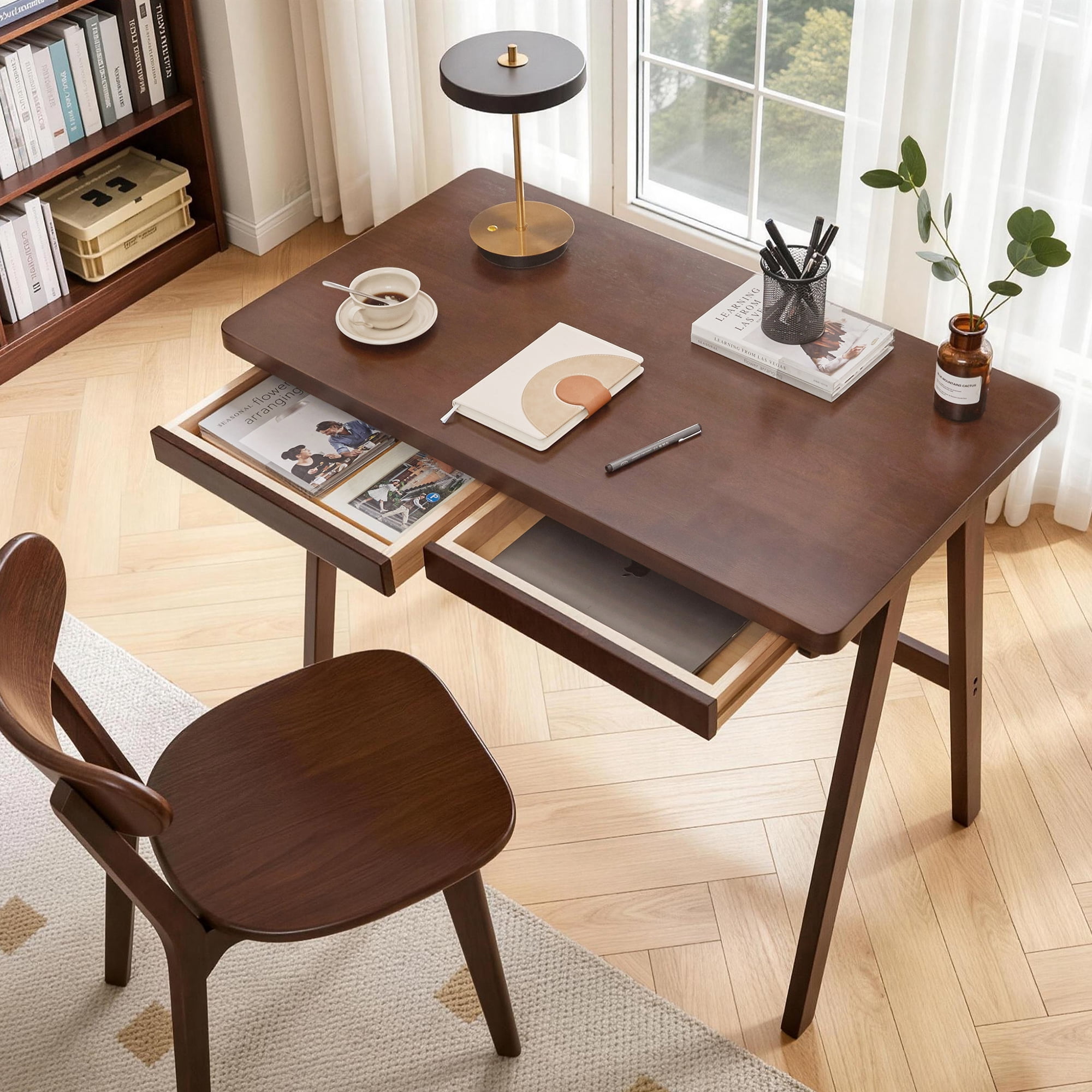 100% Solid Rubber Wood Computer Desk, Retro Walnut Writing Desk with Drawer, Sturdy A-Frame Leg, 39.37"x21.65", 0.71" Standard Thick Home Office Study Table
