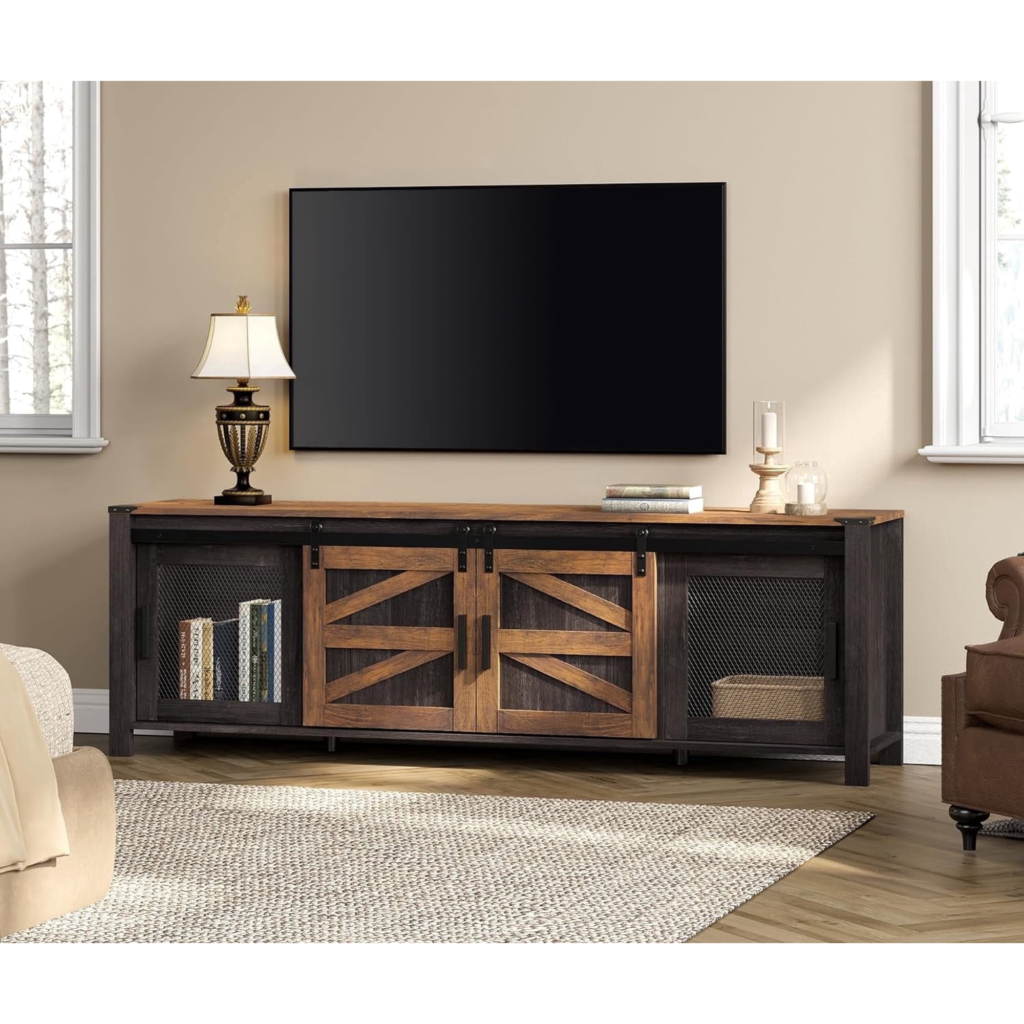 Wampat Farmhouse Sliding Barn Door TV Stand, 70 Inch, for 75 Inch TV with Storage Shelf, Dark Walnut and Black