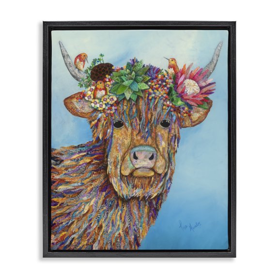 Stupell Industries Bohemian Bella Cow Cattle Floral Blossom Crown Collaged Black Floating Frame Canvas Art, 17 x 21, by Lisa Morales