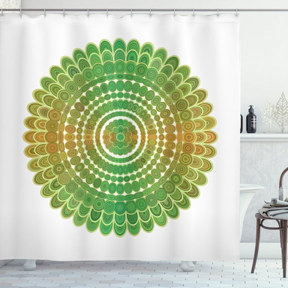 Green Mandala Shower Curtain, Ornamental Ethnic Asian Illustration with Circle and Scale Pattern Oriental, Fabric Bathroom Set with Hooks, 69W X 75L Inches Long, Green Orange, by Ambesonne