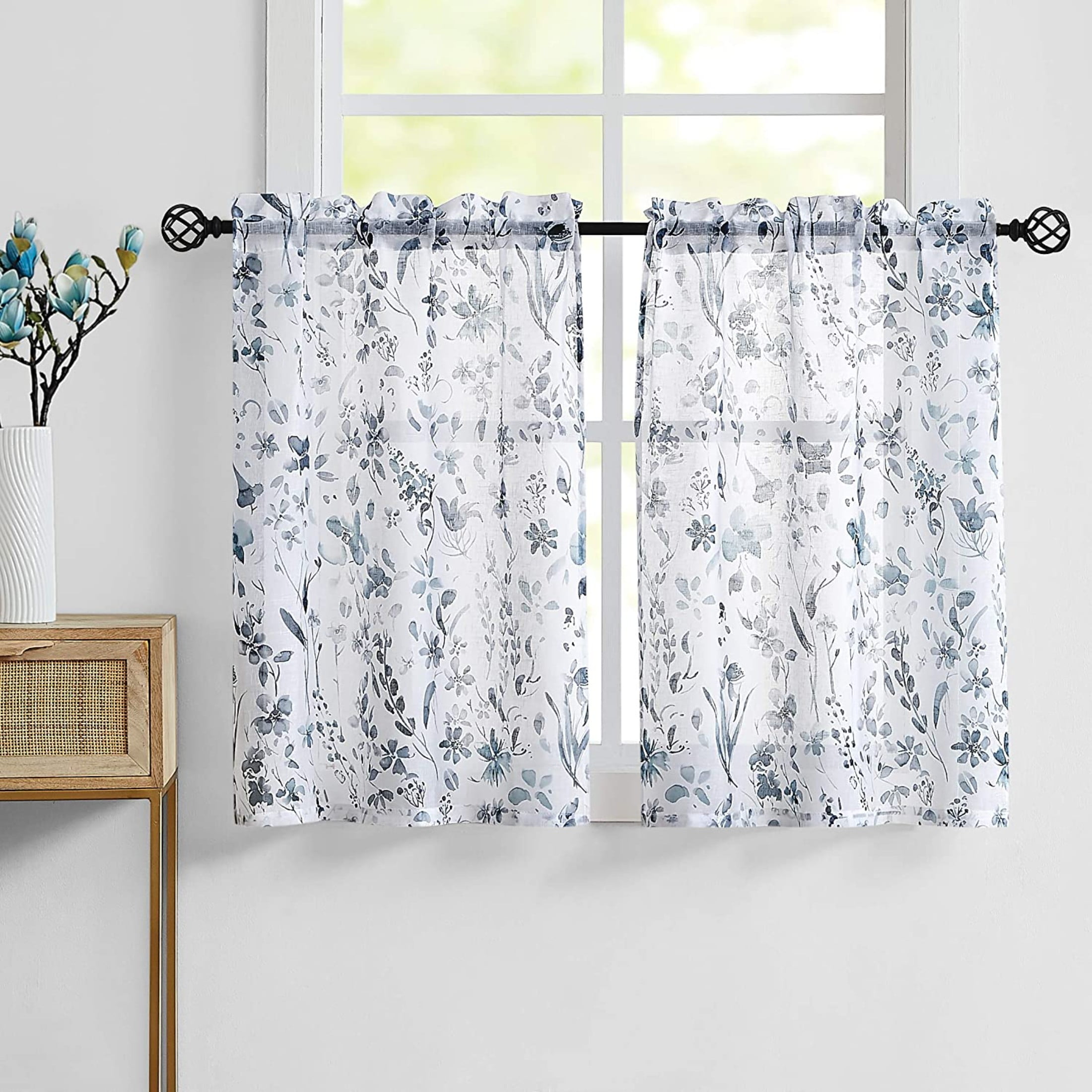 Fragrantex Blue and Grey Floral Small Window Curtains for Bathroom