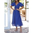 thumbnail image 2 of Faithtur Robe Longue Décontractée d'Été pour Femmes Couleur Unie Froncée Col en V Manches Courtes Mode Plage Vacances, 2 of 8