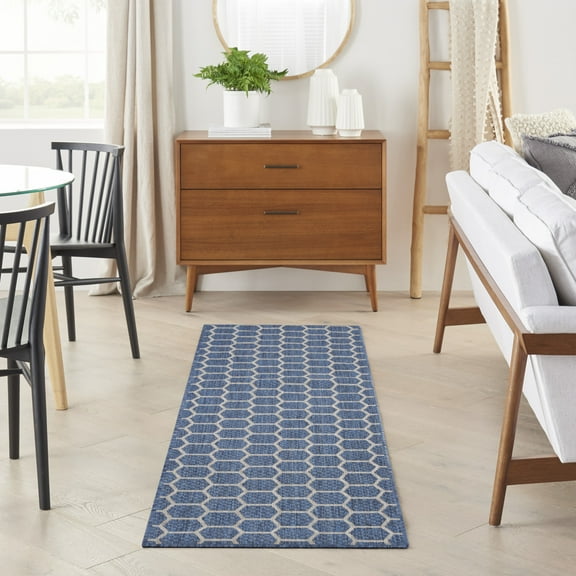 Nourison Reversible Indoor Outdoor 2'2" x 8' Blue Modern Rug