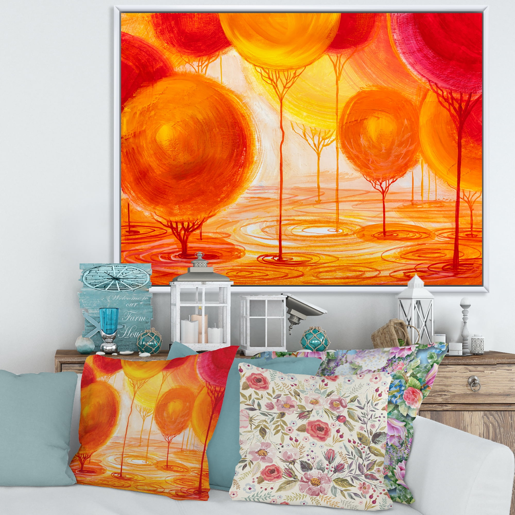 Designart 'Ornamental Colourful Trees II' Modern Framed Canvas Wall Art Print