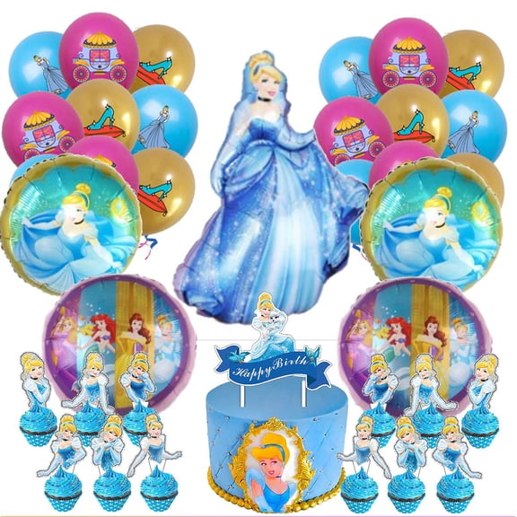 Cinderella Princess Party Supplies Balloons Cake Topper Birthday Set Decorations Kit Fans