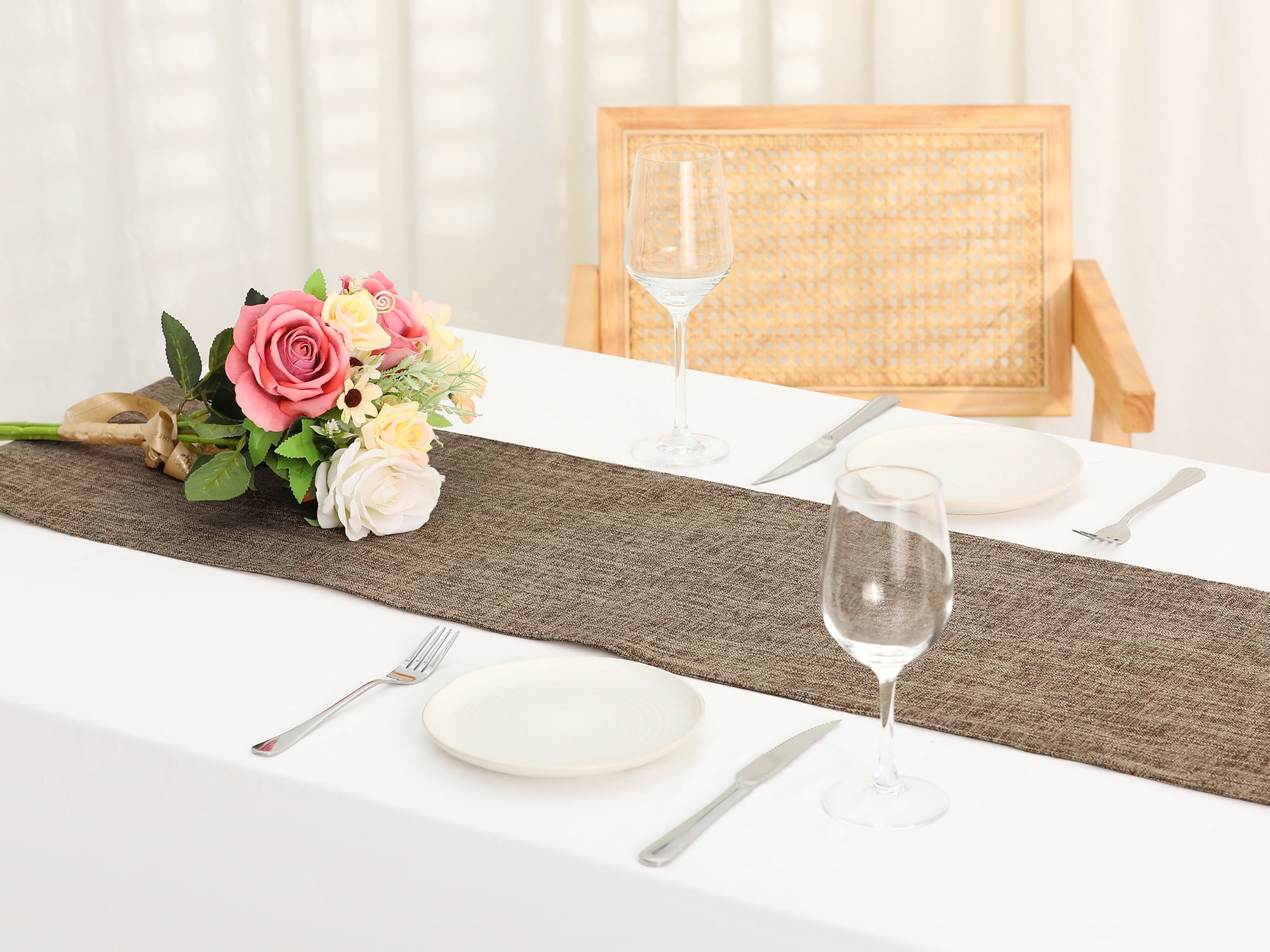 Unique Bargains 1 Pack Solid Color Table Runner Long Linen Table Banner Coffee 12"x83"