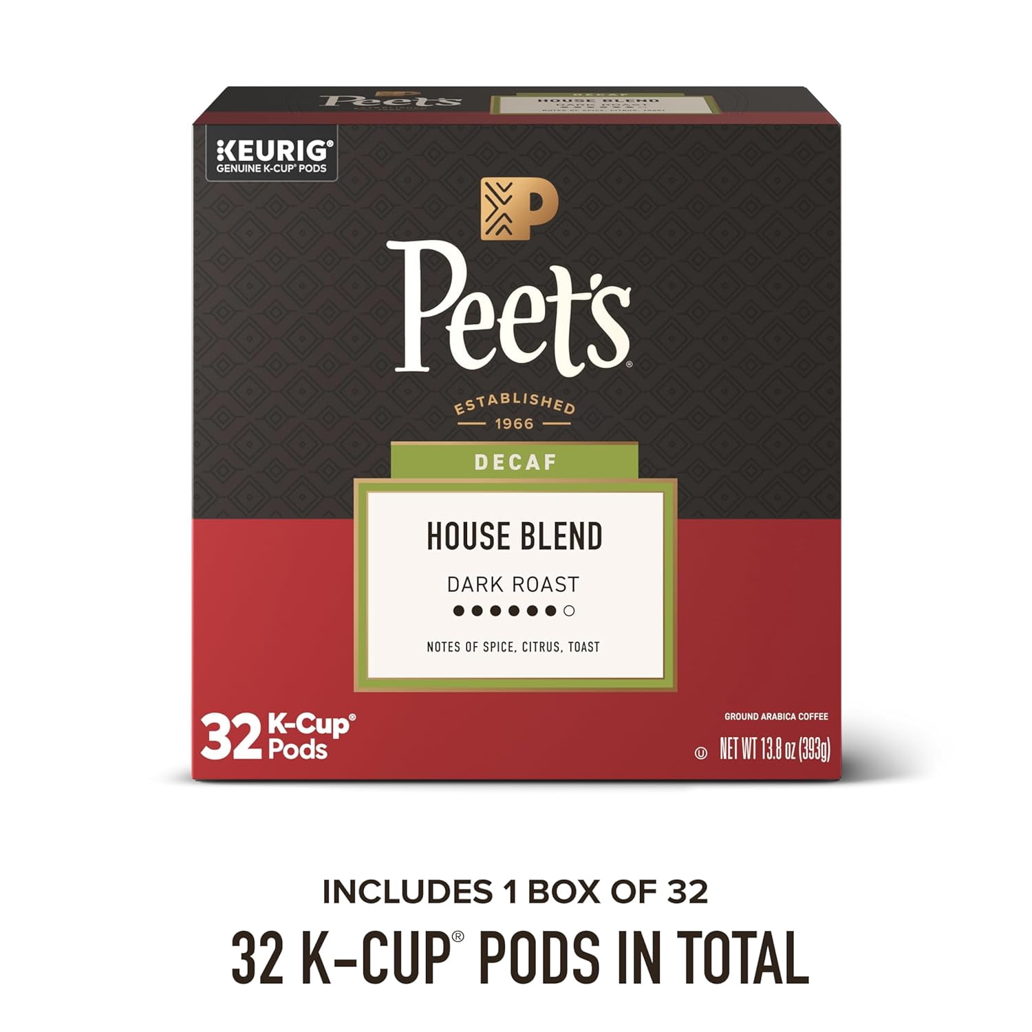 Peet's Coffee, Dark Roast Decaf Single Serve Coffee Pods, 100% Arabica Coffee - Decaf House Blend 32 Count (1 Box of 32 Pods)