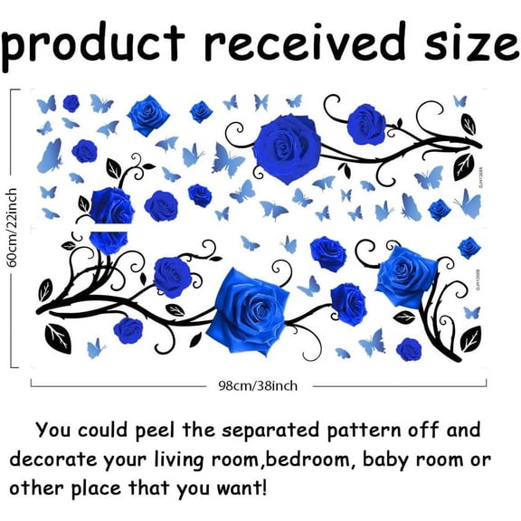 Romantic Blue Rose Wall Stickers Blue Butterfly Wall Decals Black Branches Leaves Wall Decor