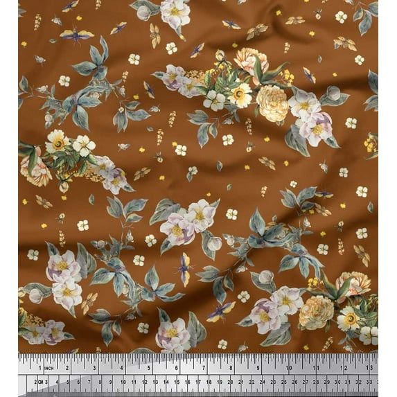 Soimoi Georgette Viscose Fabric Leaves,Moth & Magnolia Floral Print Fabric by the Yard 42 Inch Wide