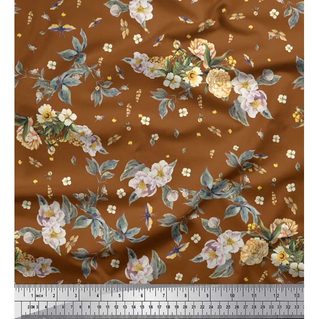 Soimoi Modal Satin Fabric Leaves,Moth & Magnolia Floral Fabric Prints By Yard 42 Inch Wide