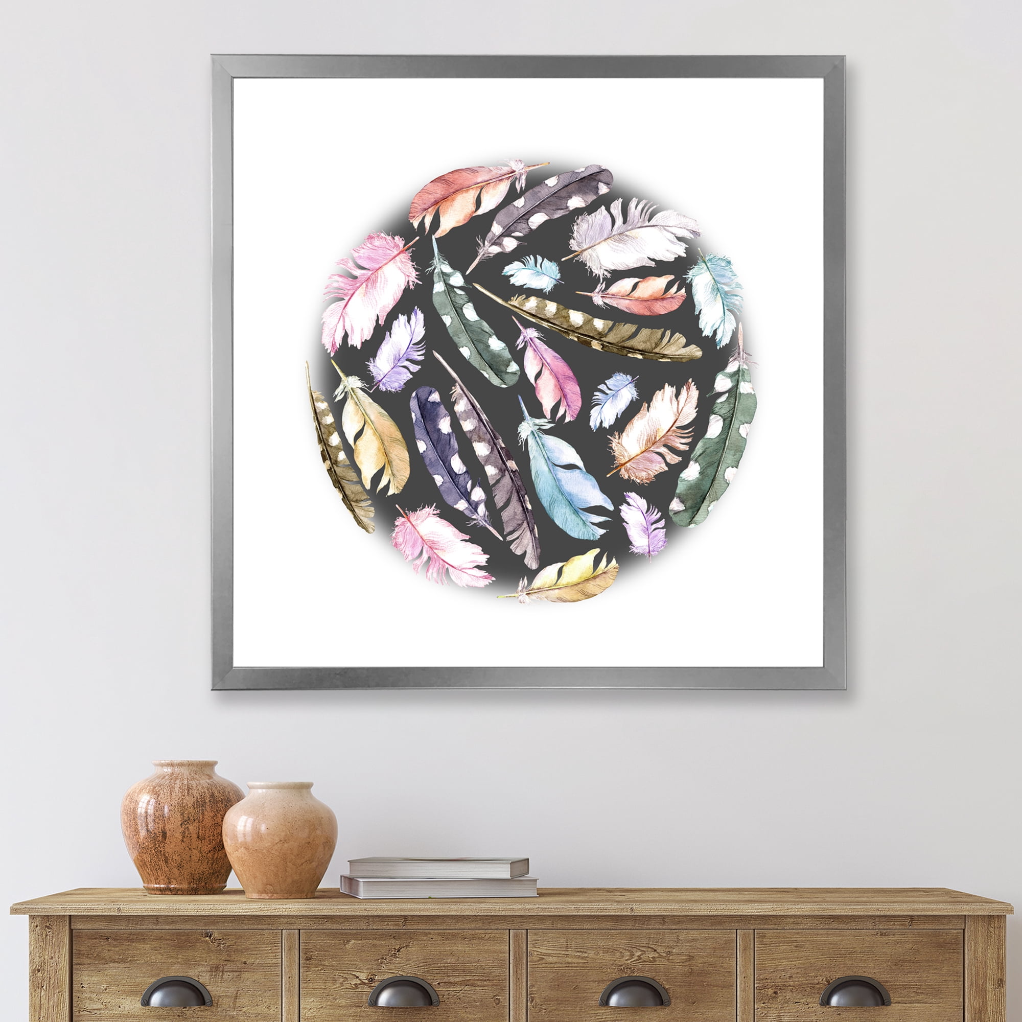 Designart 'Colorful Boho Feathers In Circle Shape' Bohemian & Eclectic Framed Art Print