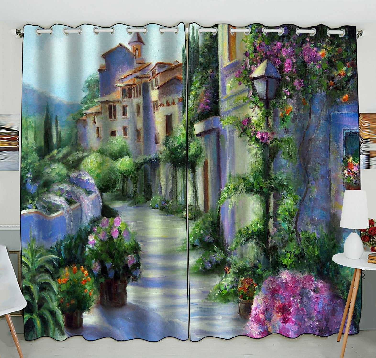 Phfzk Landscape Window Curtain, Flower Street House Oil Painting