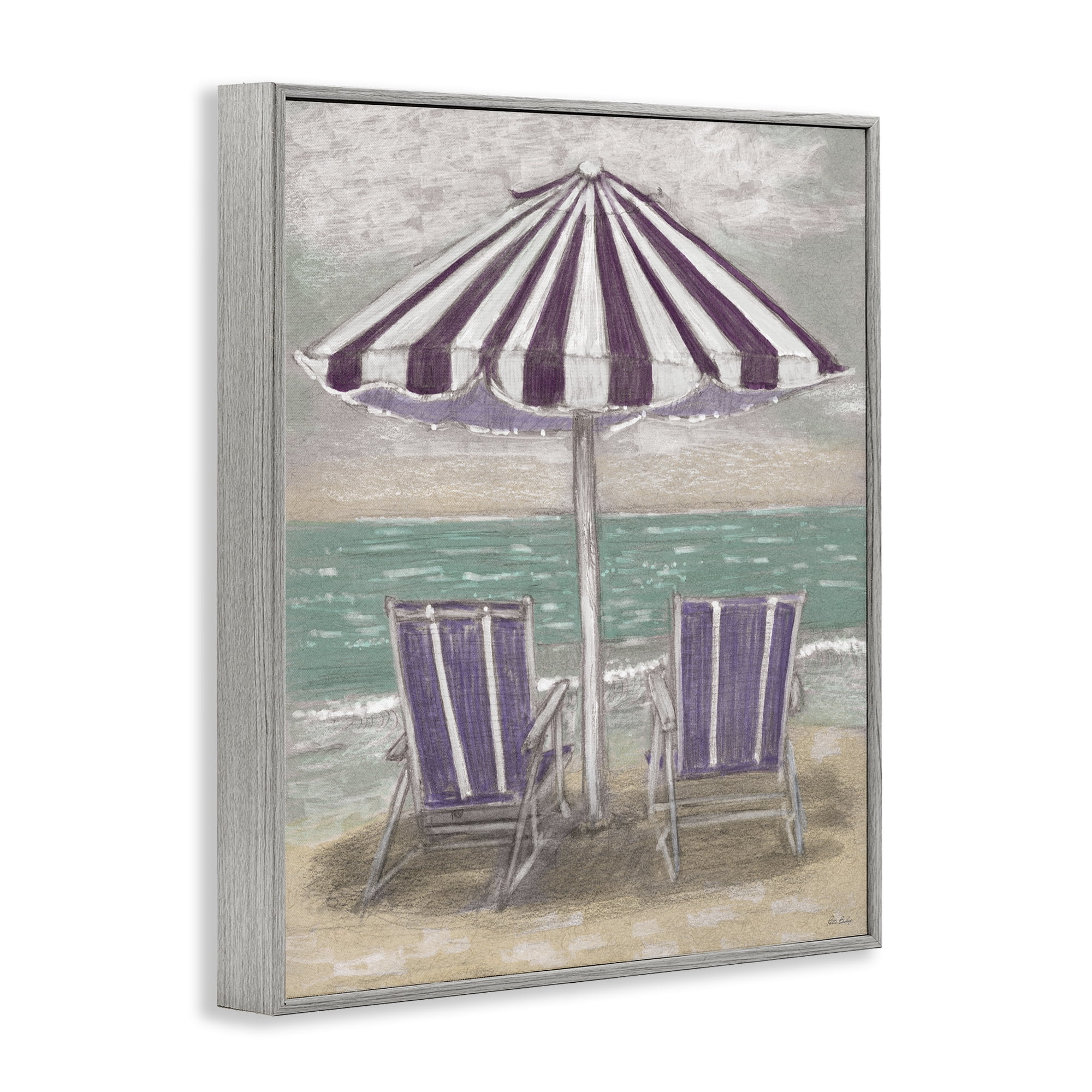 Stupell Industries Umbrella & Chairs on Beach Gray Framed Giclee Art, design by Patti Bishop