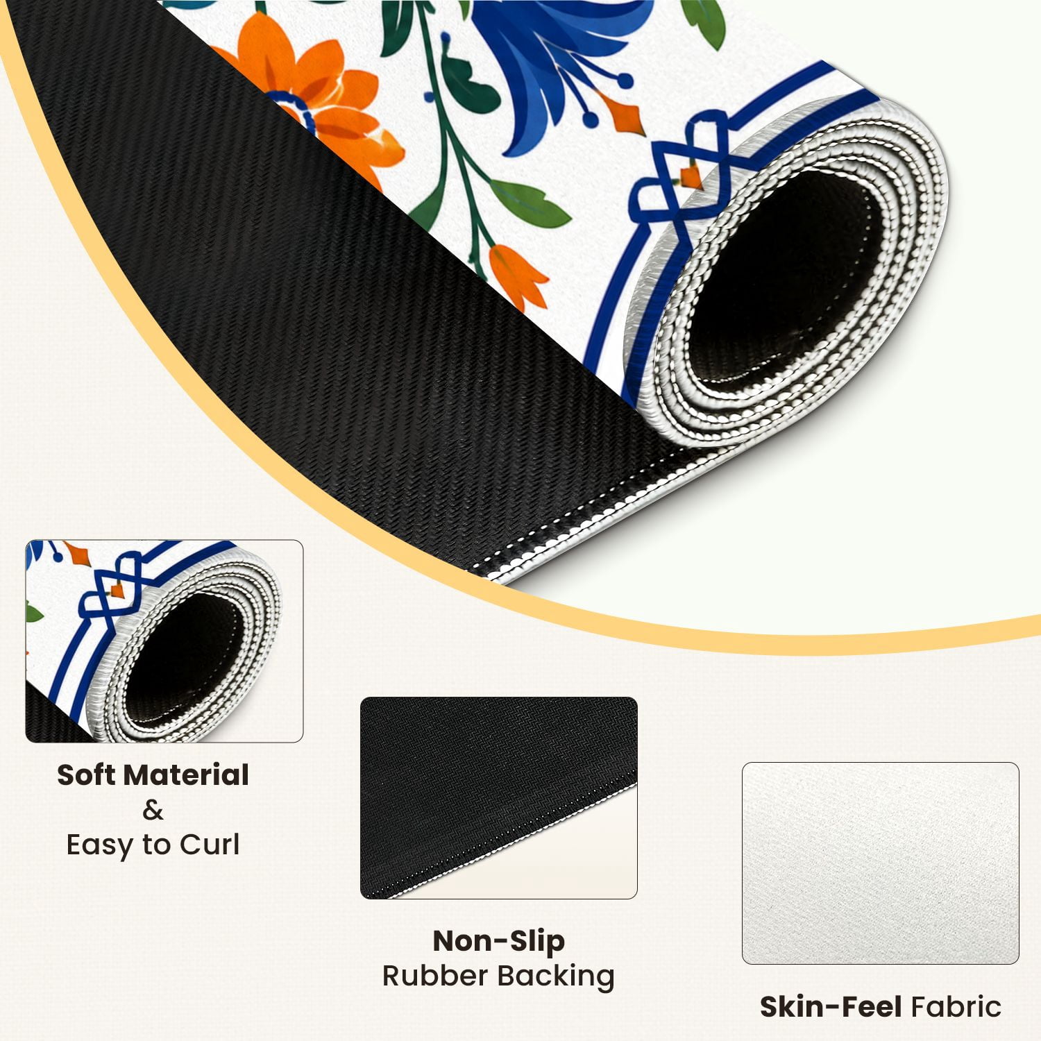 Mahjong Mat 31.5" x 31.5" Floral Geometric Blue Orange Purple Flowers Symmetrical Non-Slip Noise Reduction Mahjong Tiles Table Cover for Dominoes Poker Card Board and Tile Games