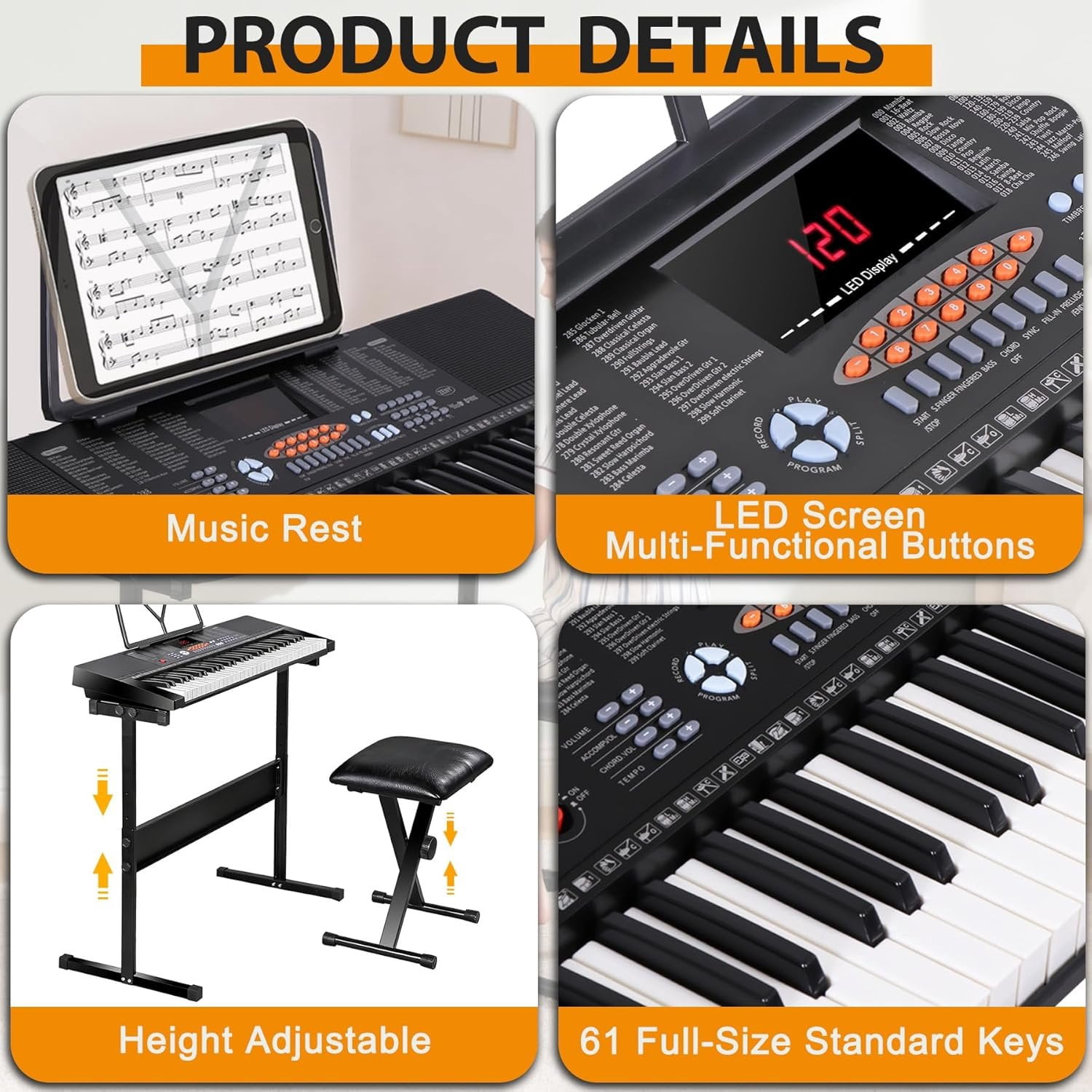 61-Key Portable Electric Keyboard Piano with Built In Speakers, LED Screen, Headphones, Microphone, Piano Stand,  Sheet Stand and Stool