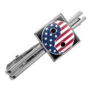 USA Patriotic Yin and Yang American Flag Square Tie Bar Clip Clasp Tack- Silver or Gold