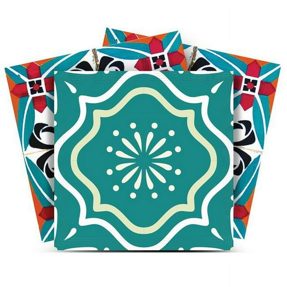 HomeRoots 390866 7 x 7 in. Turq & Terra Cotta Scroll Peel & Stick Removable Tiles