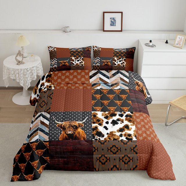 Erosebridal Rustic Cow Bedding Queen Comforter Set, Patchwork Animal Down Comforter, Wooden Plank Decor, Reversible 3 Pieces