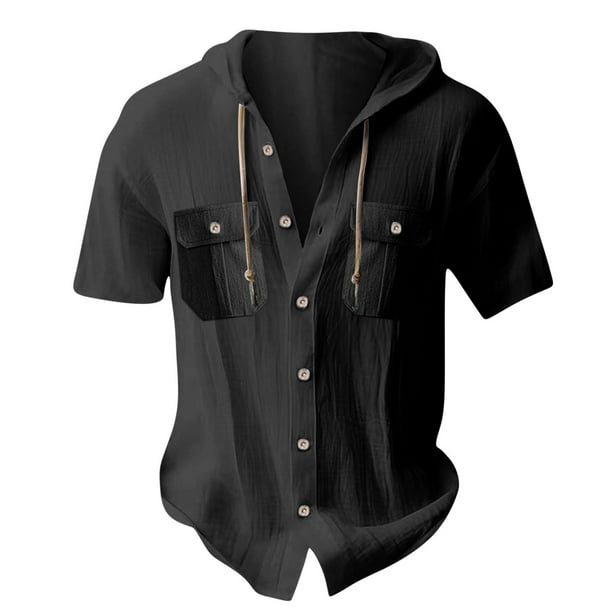 Camisas de Manga Larga de los Hombres con Capucha Cardigan de Color Sólido Suelto Top de Lino, Casual Deportes Camisa de Playa con Botones