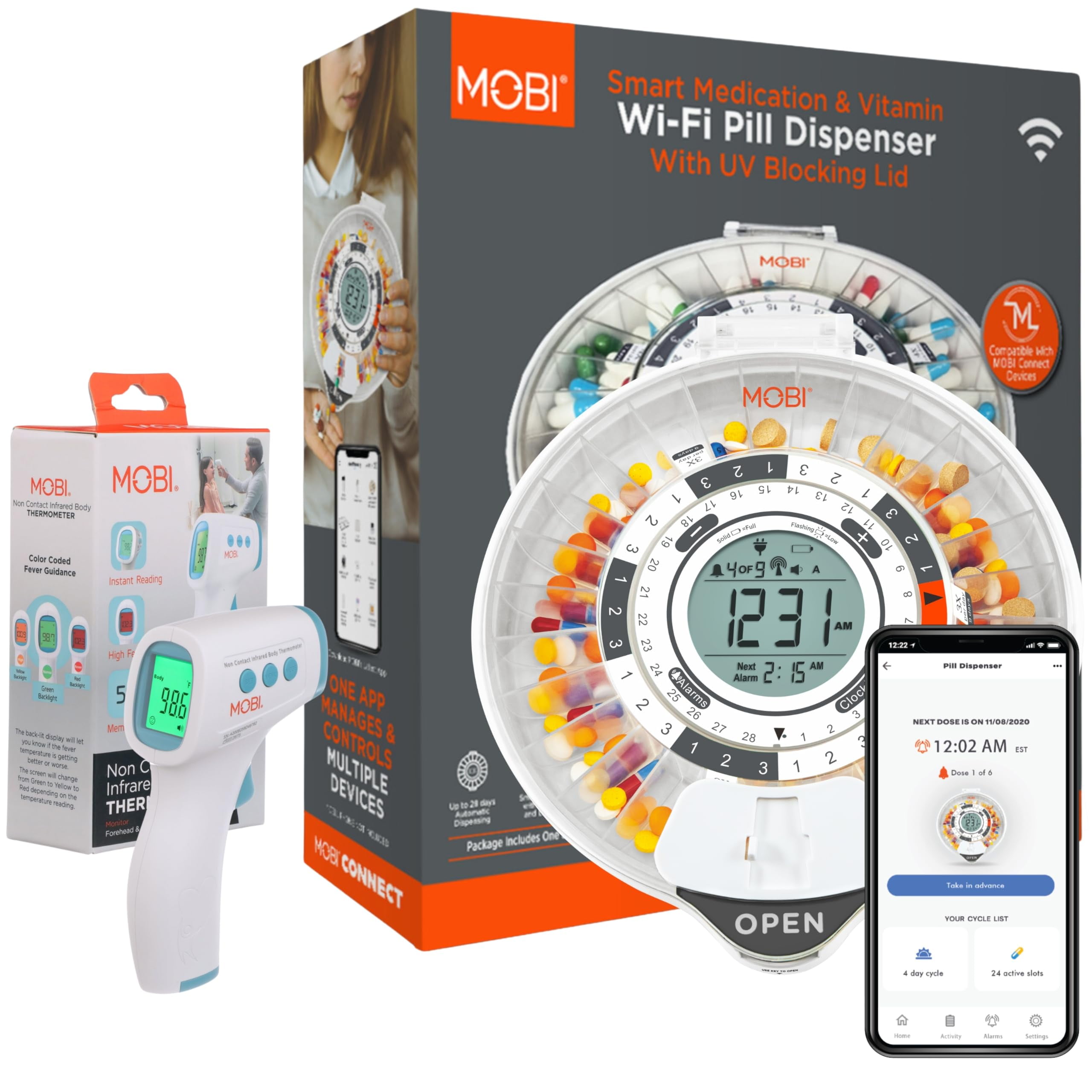 MOBI Smart Wi-Fi Pill 28 Day Pill Dispenser & Non-Contact Forehead Thermometer Bundle