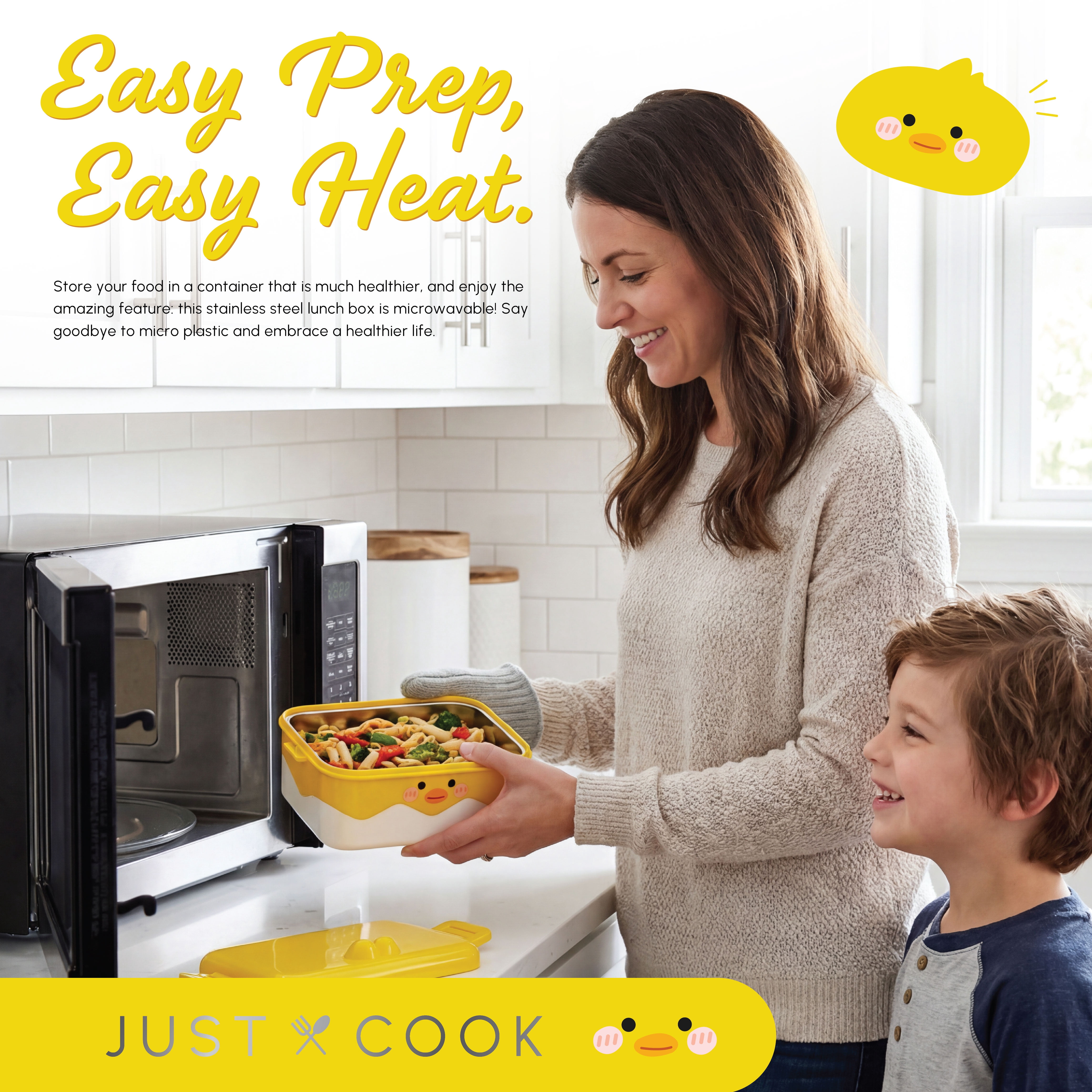 Just Cook Duck Locktop Microwave Safe Stainless Steel Bento 1000 ml (Yellow)