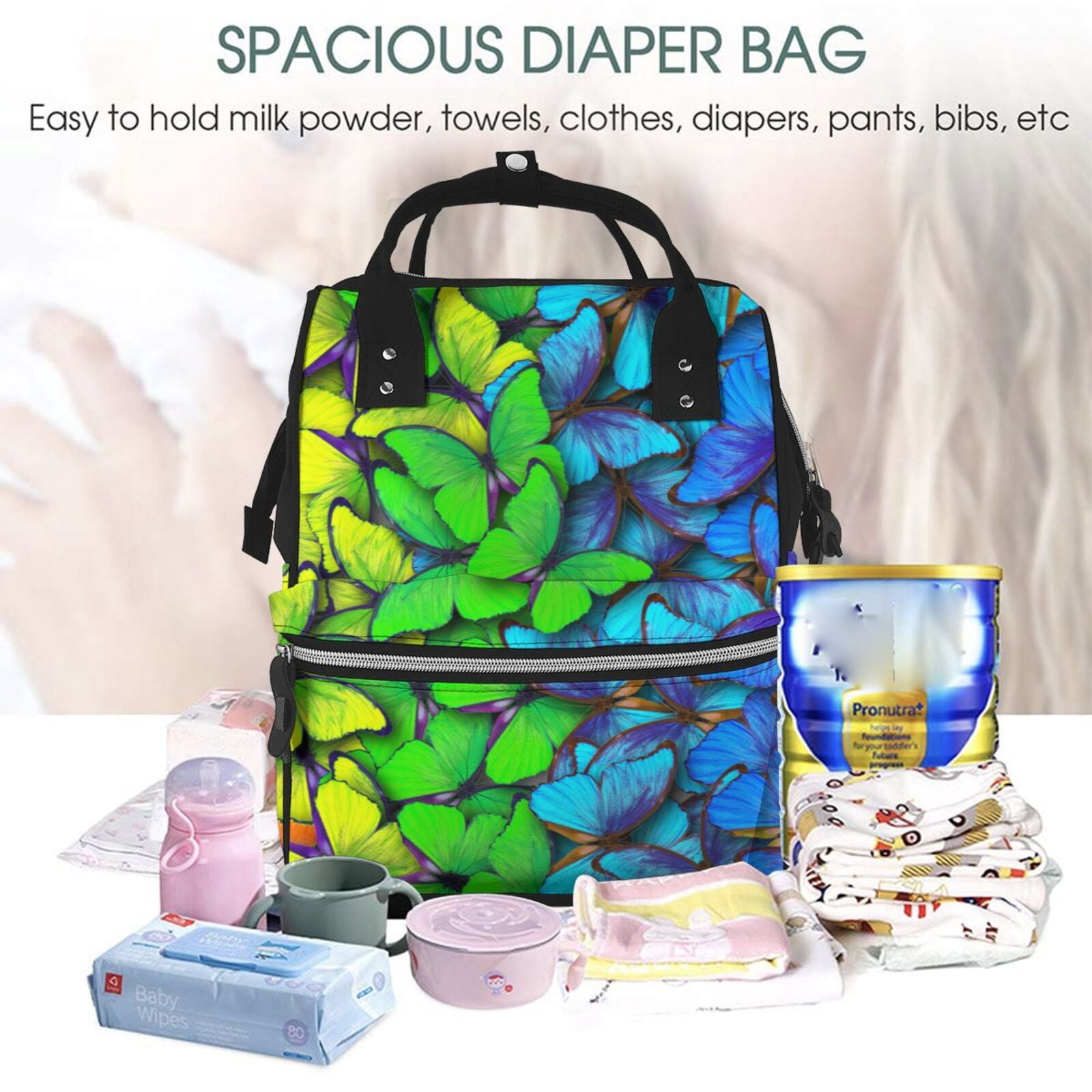 Ratiio Multicolored Butterflies Mummy Backpack - Waterproof Twill Canvas, Large Capacity Diaper Bag with Multiple Pockets and Adjustable Straps