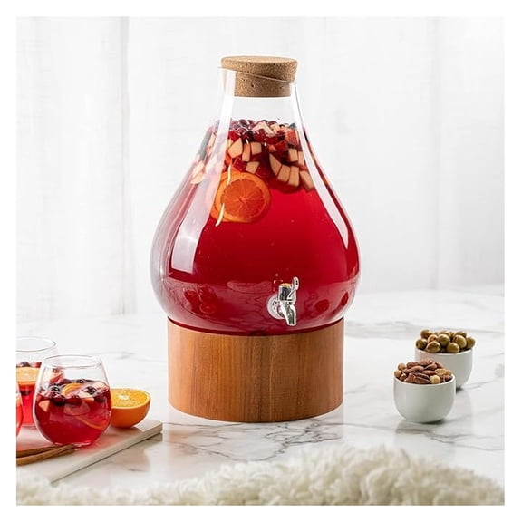 Glass Beverage Dispenser 2.75 Gallon - Clear Drink Dispenser with Wood Base & Spigot