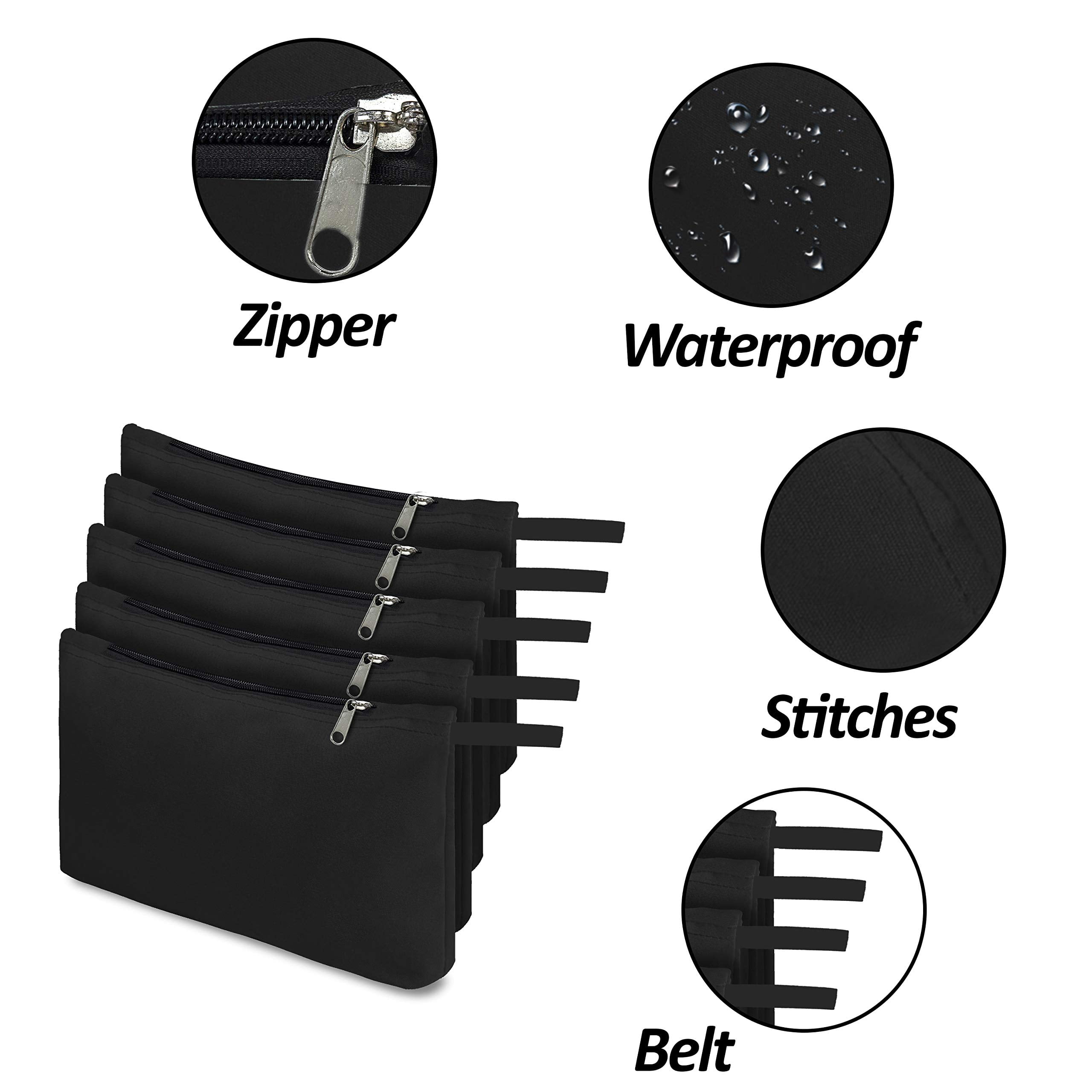 COVERS&ALL Tool Bag, 18 Oz Heavy Duty Waterproof Pouch with Sturdy Zipper, Utility Multipurpose for Tools Storage Makeup (Pack of 5, Black)