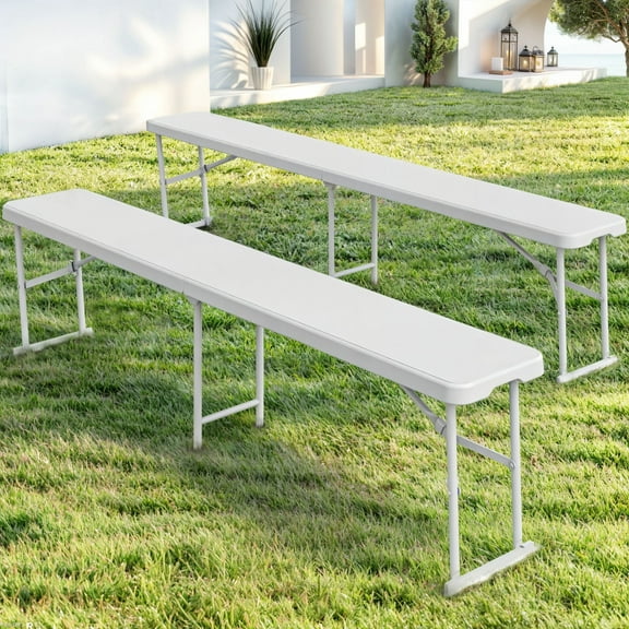 ModFusion 6ft Outdoor Folding Benches, 2-Pack Portable Lightweight Picnic & Camping Benches with HDPE Resin Seat & Steel Frame – White