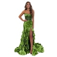 thumbnail image 1 of Vestido de fiesta Mollyevers satinado con diseño de sirena, color verde oliva, 22 W, con abertura, 1 of 7
