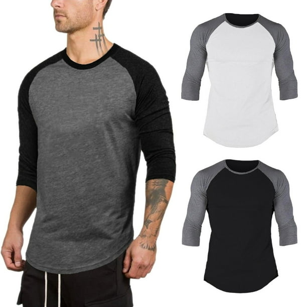 3/4 Sleeve Plain Baseball Raglan T-Shirt Tee Mens Sports Jersey Black  Orange S
