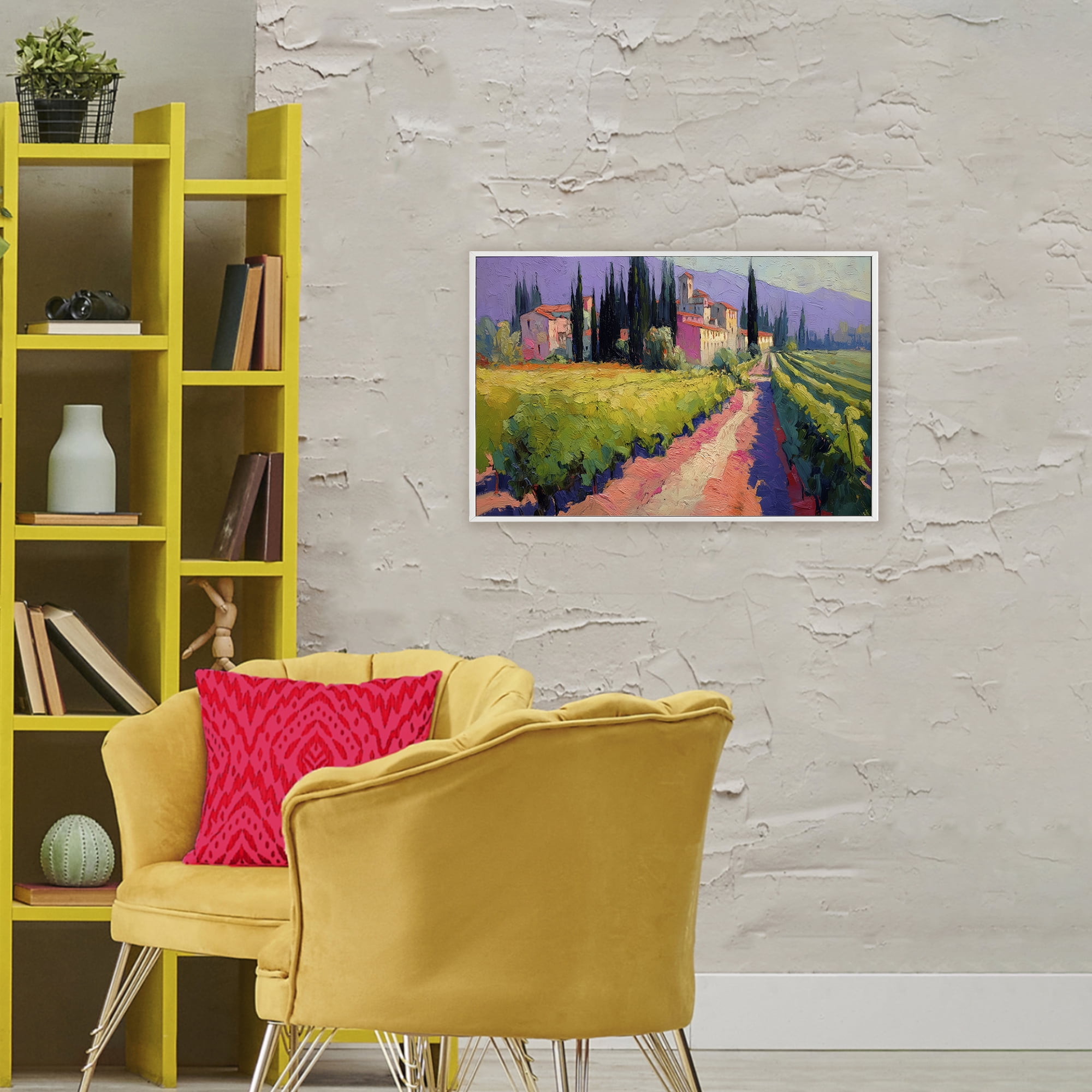 Purple Mountains Village White Framed Giclee Art, design by Annabelle Hall