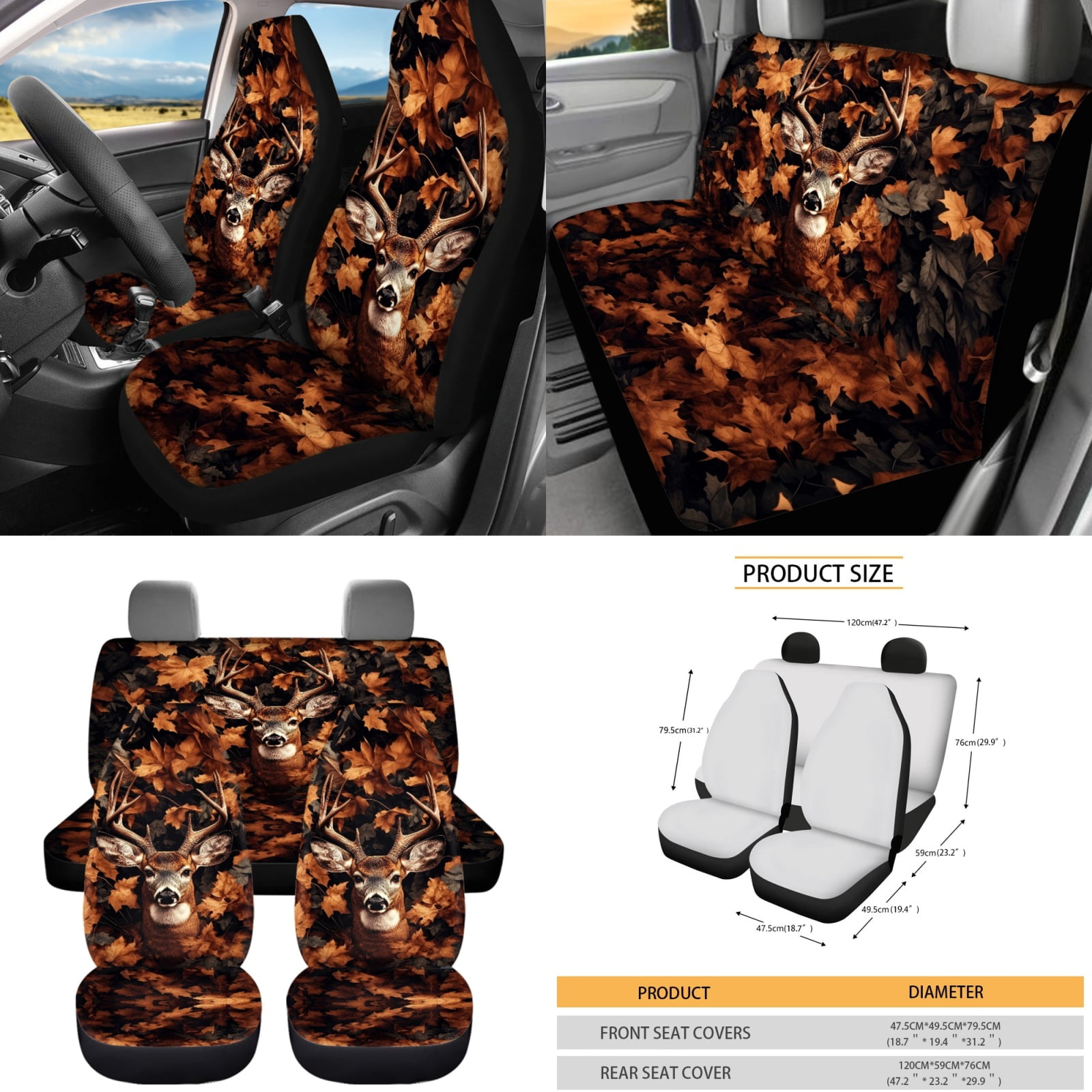 Yuyamidu 12 PCS Deer Car Seat Covers Set Camo Hunting Steering Wheel Cover Seat Belt Covers Coasters Keychain Wristlet Strap Keyring Chapstick Sleeve
