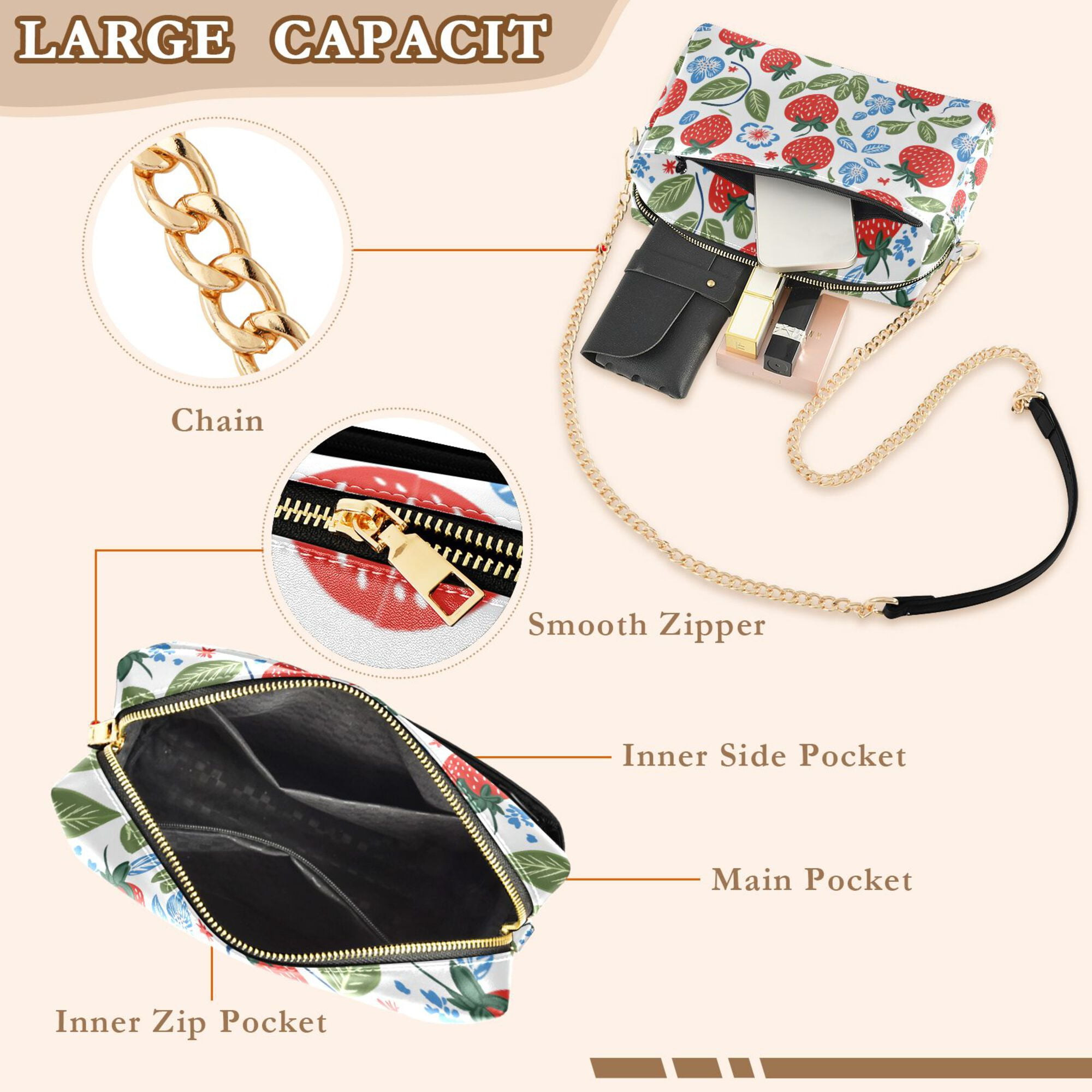 FORMRS Women Crossbody Purse with Chain Strap Vegan Leather Shoulder Handbag, Vibrant Strawberries