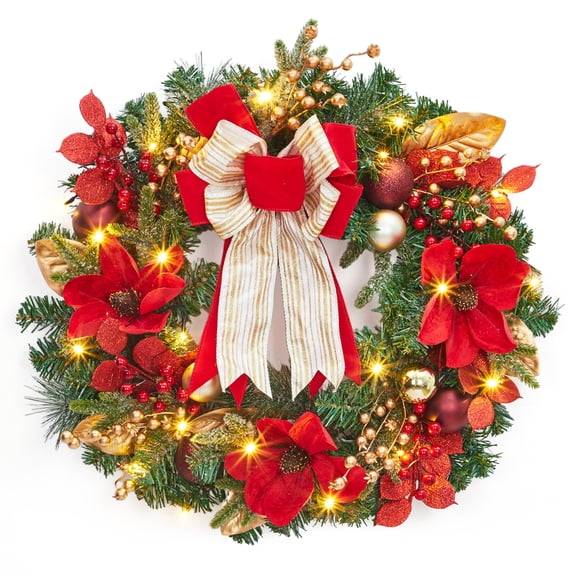 24" Lighted Christmas Wreath with 20 LED Lights & 8 Modes – Red Gold Artificial Pine, Berries & Ribbon for Front Door, Indoor Outdoor Holiday Decor