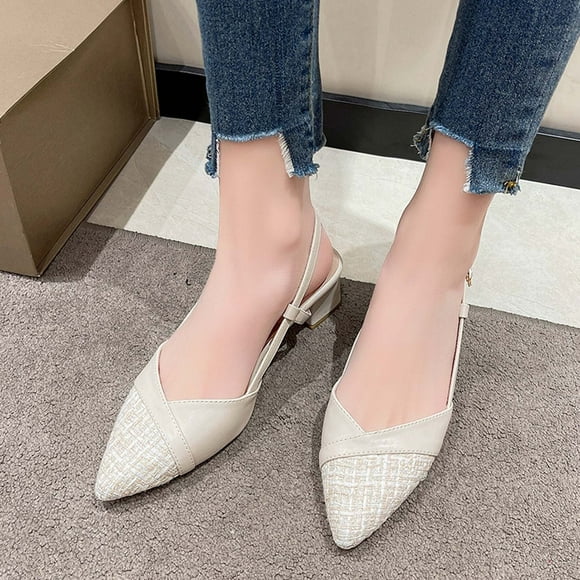 SEANOPEN Deals Slingback Kitten Heels for Women Pointed Toe Low Chunky Heels Slip On Pumps with Buckled Straps Dress Work Heeled Sandals Size 5.5 Beige