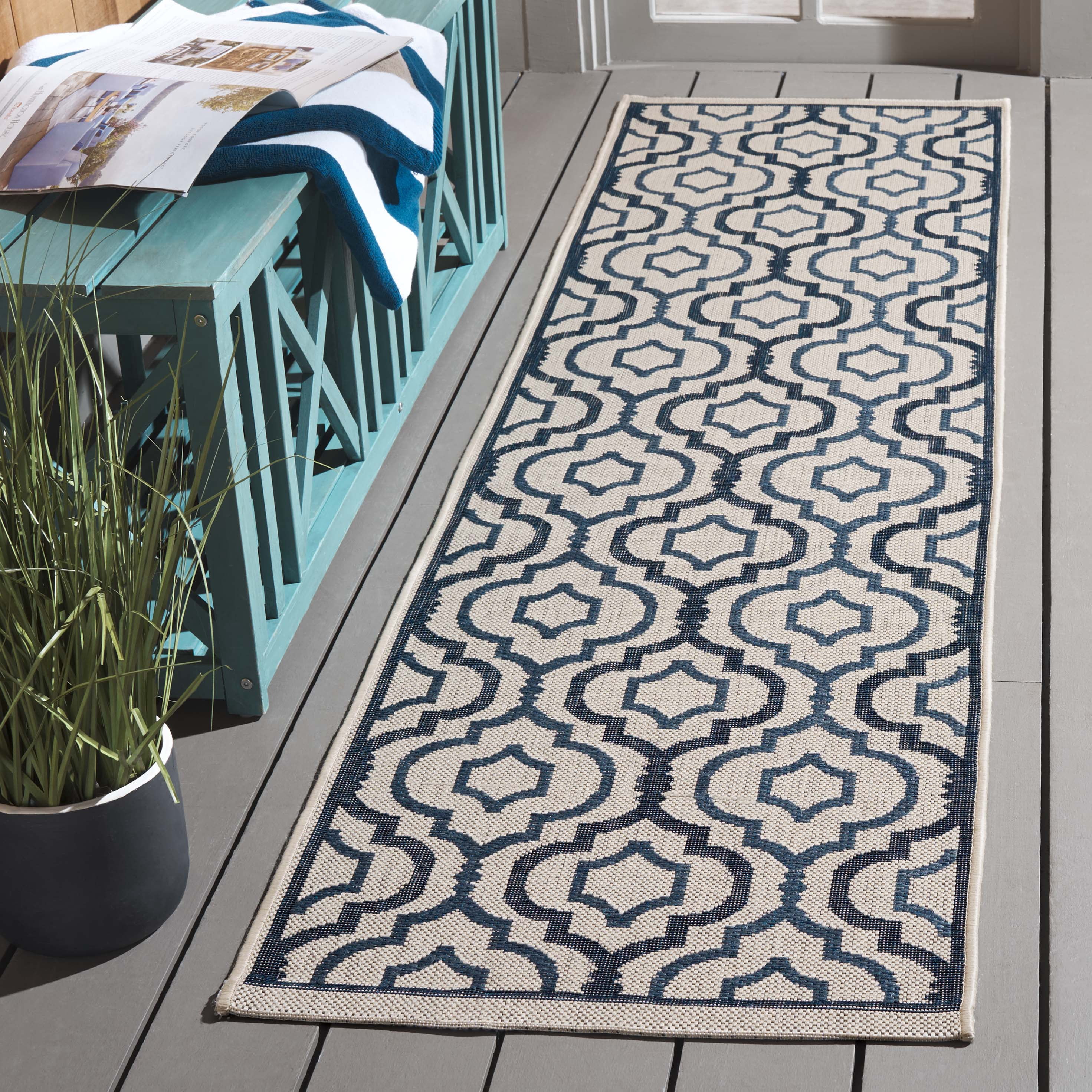 Safavieh Courtyard Bayon Geometric Indoor/Outdoor Runner Rug, Beige/Navy, 2'4" x 12'