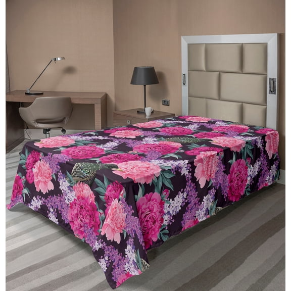 Ambesonne Floral Flat Bedding Sheet Soft Top Sheet, Peony Flowers Birds Garden, Twin XL, Magenta and Cadet Blue