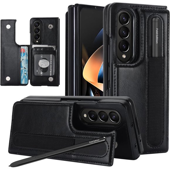 MYKOMI for Samsung Galaxy Z Fold 4 Case with S Pen Holder and Card Holder, Heavy Duty Shockproof Wallet Protector, Luxury Business Leather Cover Case for Galaxy Z Fold 4